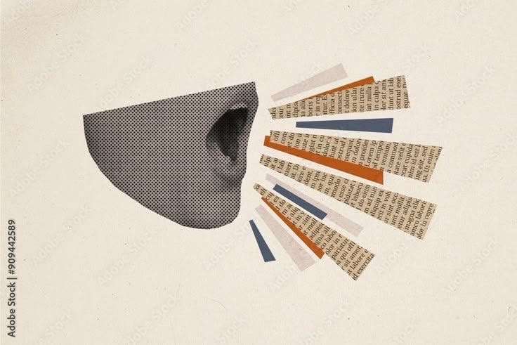 Colagem ilustrativa de uma orelha cercada por tiras de papel com texto, representando a escuta e o ruído na comunicação